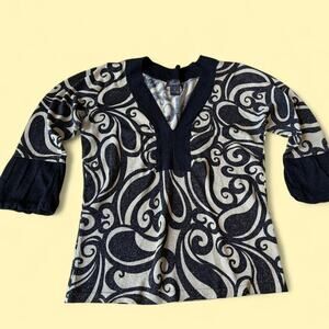 Vintage Camille La Vic sparkly paisley knit top with ruffled, bell sleeves.